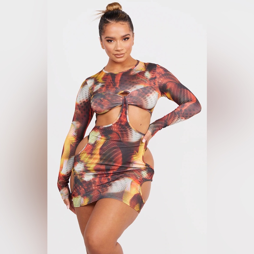 Abstract Print Cut Out Slinky Bodycon Dress